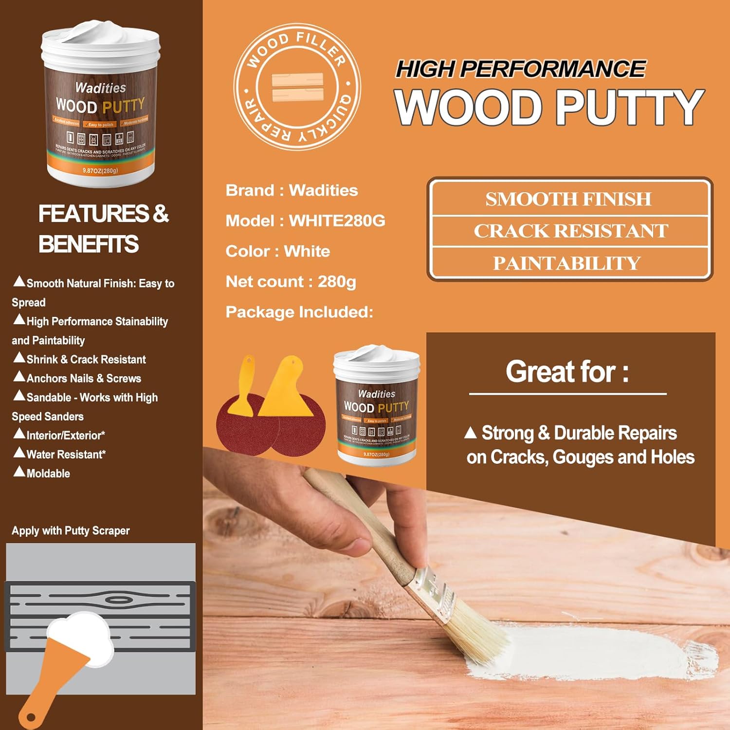 White Wood Filler, White Wood Putty, Paintable Stainable Wood Repair Putty, 9.87 Ounce Wood Furniture Repair kit, Quickly Repair Wood Cracks and Holes on Wooden Floor Furniture (White)