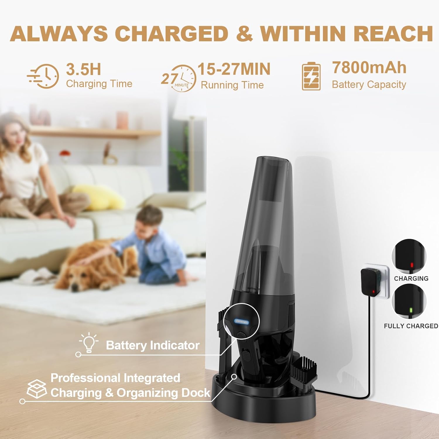 Handheld Vacuum Cordless Rechargeable with Charging Dock - 16000Pa Ultra-Strong Suction, Portable & Lightweight, Fast Charging, LED Light, 0.8L Super-Large Dust Cup, Long Battery Life for Home