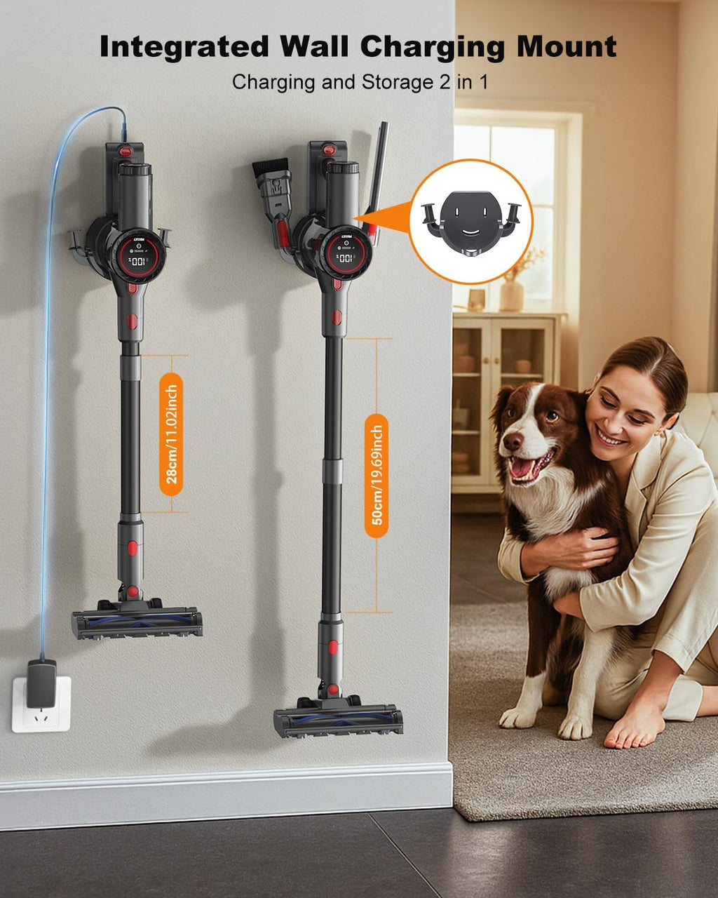 Cordless Vacuum Cleaner, 6-in-1 Lightweight Stick Vacuum with 45mins Runtime, LED Display & Light, Self-Standing, Rechargeable Cordless Vacuum for Carpet, Tile, Pet Hair, Hardwood Floors (Black)