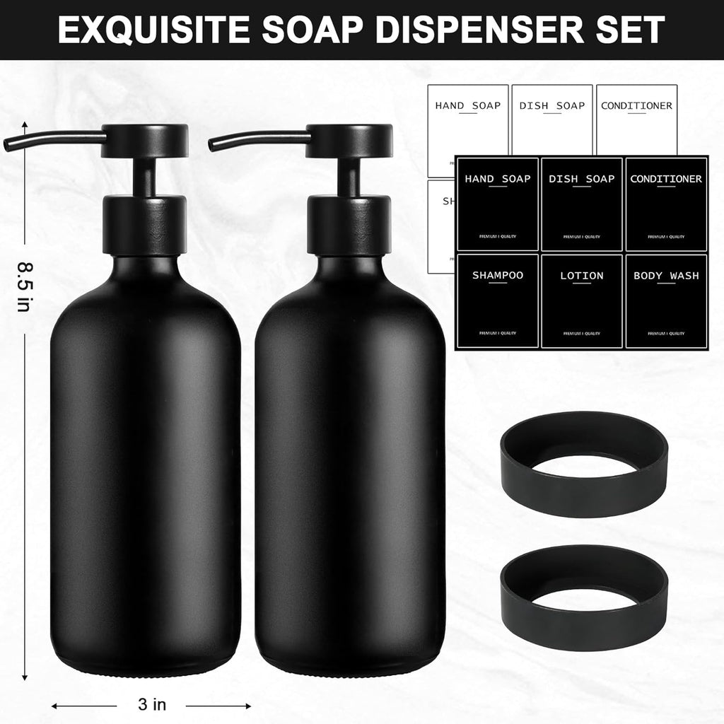 Black Glass Soap Dispenser with Stainless Steel Pump, 16.9 Fl oz Soap Dispenser Set for Kitchen, Matte Black Hand Dish Soap Dispensers for Kitchen and Bathroom, Lotion Dispenser Bathroom Decor