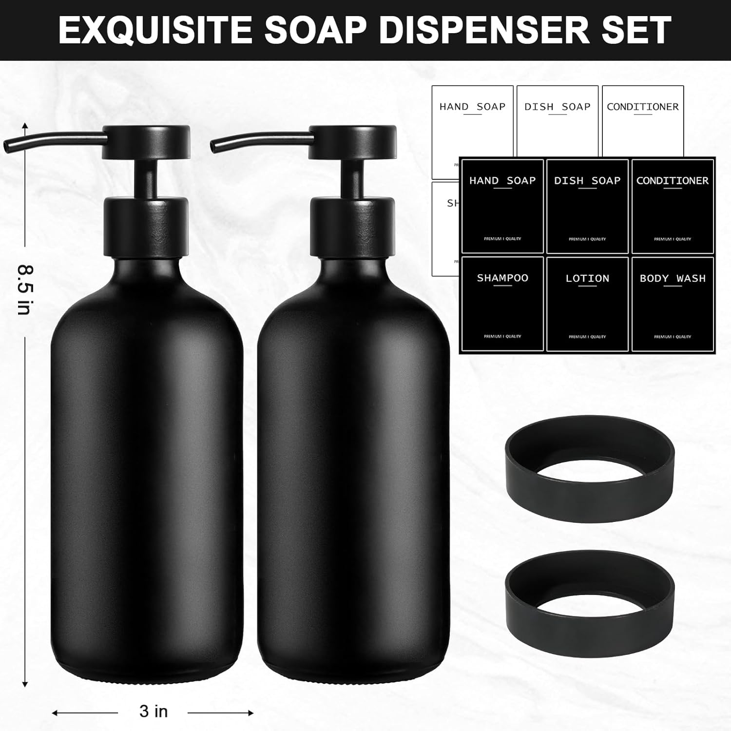 Black Glass Soap Dispenser with Stainless Steel Pump, 16.9 Fl oz Soap Dispenser Set for Kitchen, Matte Black Hand Dish Soap Dispensers for Kitchen and Bathroom, Lotion Dispenser Bathroom Decor
