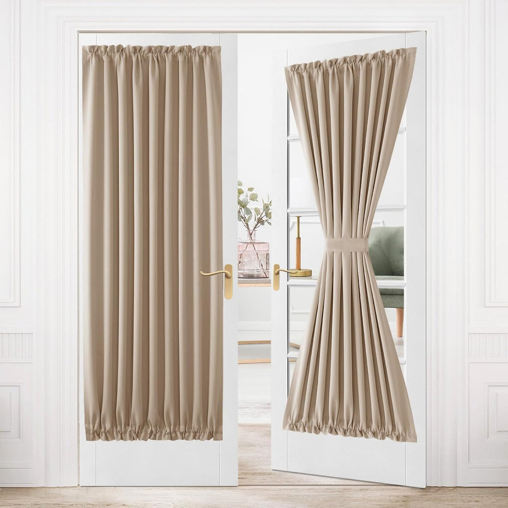 DWCN French Door Curtains – Rod Pocket Thermal Blackout Curtain for Doors with Glass Window, Kitchen and Patio Doors for Privacy, 54 X 80 Inches Long, 1 Curtain Panel with Tieback, Beige