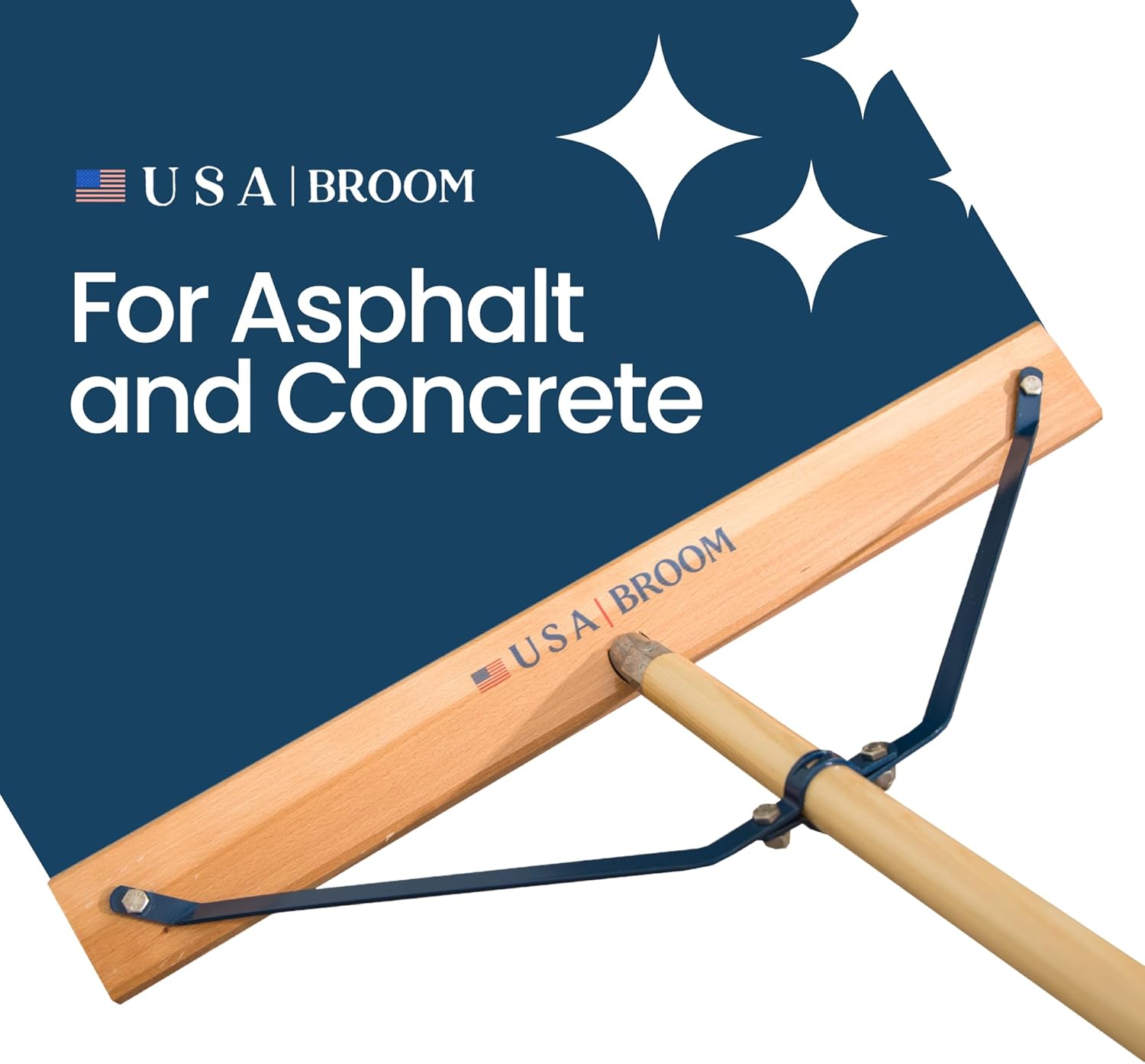 24" Heavy Duty Outdoor Push Broom with 60" Handle. Ideal for Ashpalt, Concrete & Heavy Debris. Durable American Made Steel Brackets-Stainless Steel Hardware. No Plastic. 100% Made in The USA.