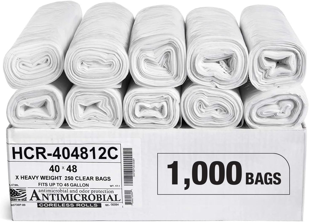Aluf Plastics High Density Trash Bags, 45 Gallon, 1000 Count, 12 Micron (eq), 40" x 48", Clear, for Bathroom, Office, Industrial, Commercial, Janitorial, Municipal, Recycling