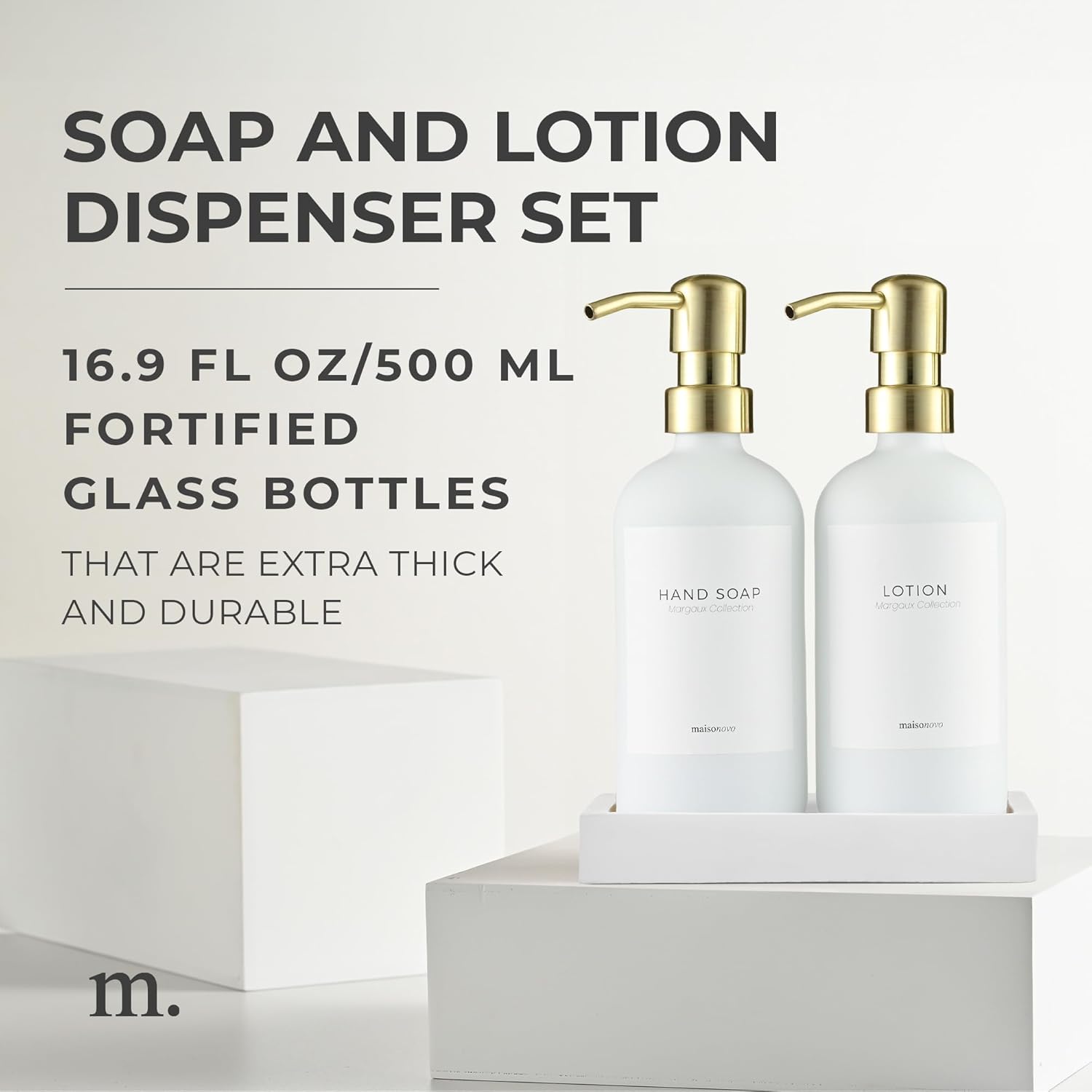 MaisoNovo Soap Dispenser 3-Piece Set | 16.9oz White Bottles with Gold Stainless Steel Pumps