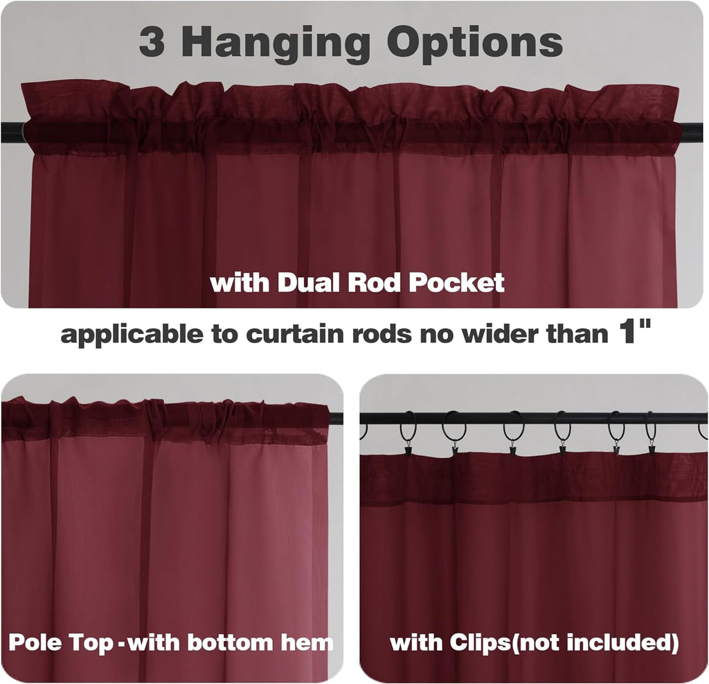 Chyhomenyc Sheer Tier Curtains 24 Inch Length, Small Cute Window Curtains Treatment for Bathroom Living Room Cafe Basement, Short Voile Curtain Tiers 42in x 24in, Rod Pocket, 2 PCS,Burgundy