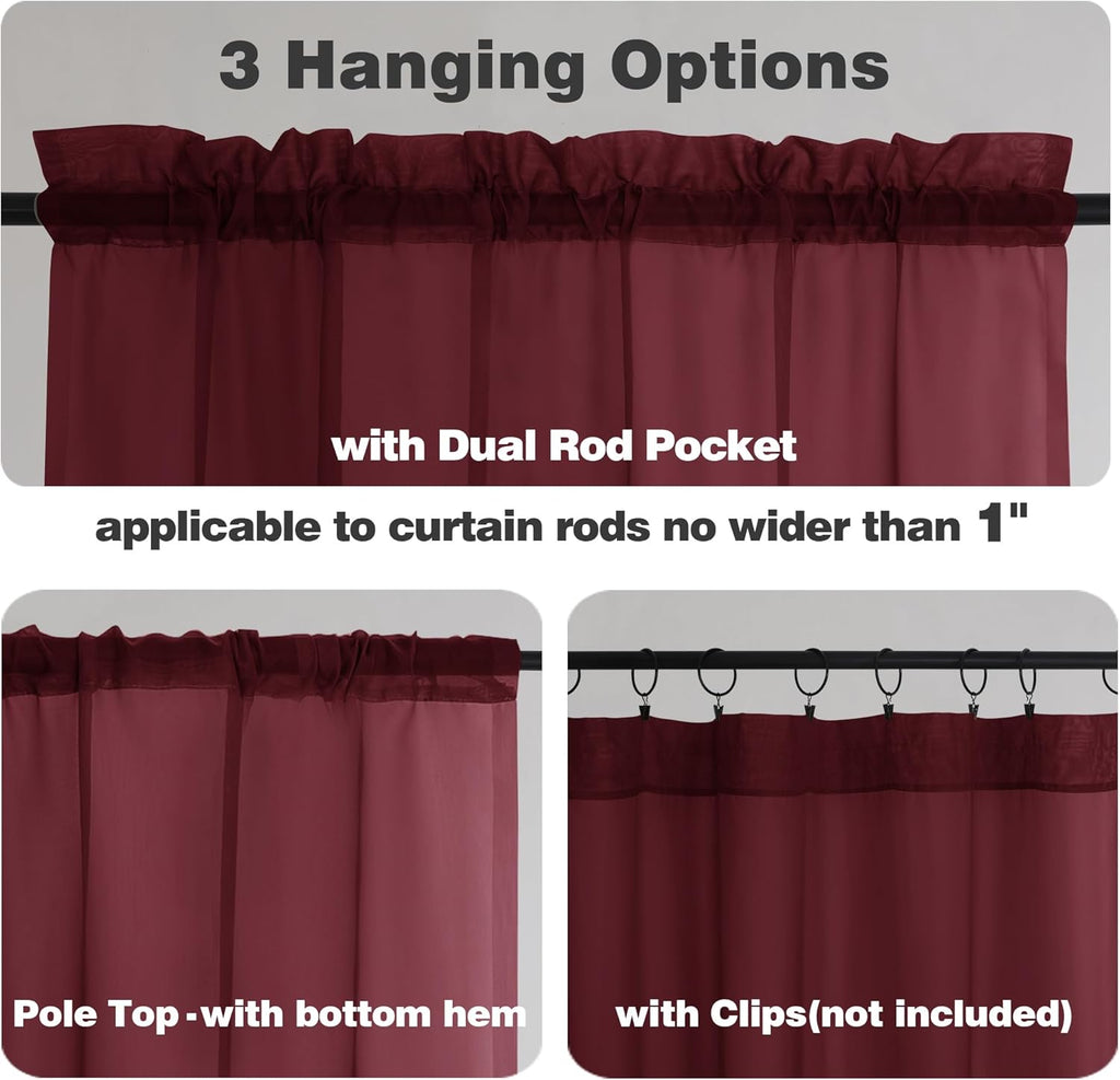 Chyhomenyc Short Sheer Curtains 45 Inches Length 2 Pieces, Light Filtering Soft Voile Curtains Drapes for Half Window/Bedroom/Bathroom/Living Room, Burgundy