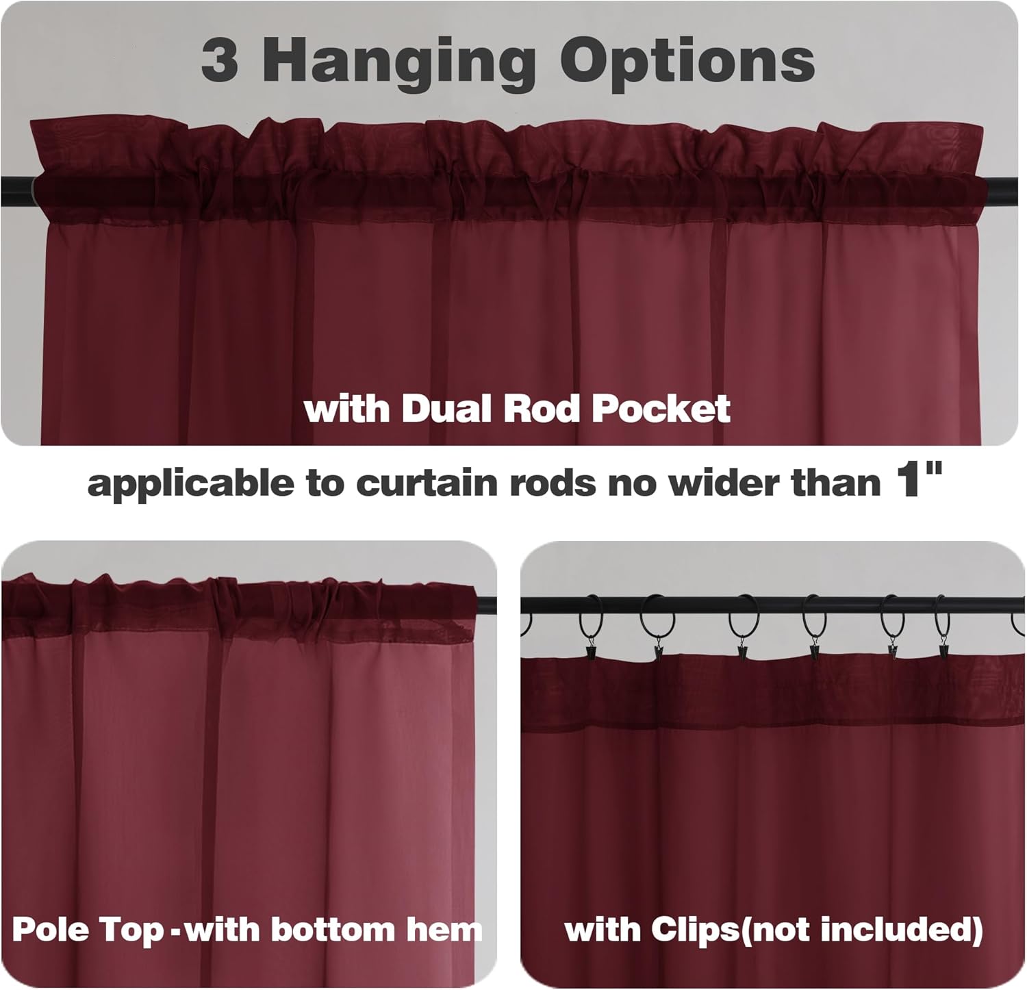 Chyhomenyc Short Sheer Curtains 45 Inches Length 2 Pieces, Light Filtering Soft Voile Curtains Drapes for Half Window/Bedroom/Bathroom/Living Room, Burgundy
