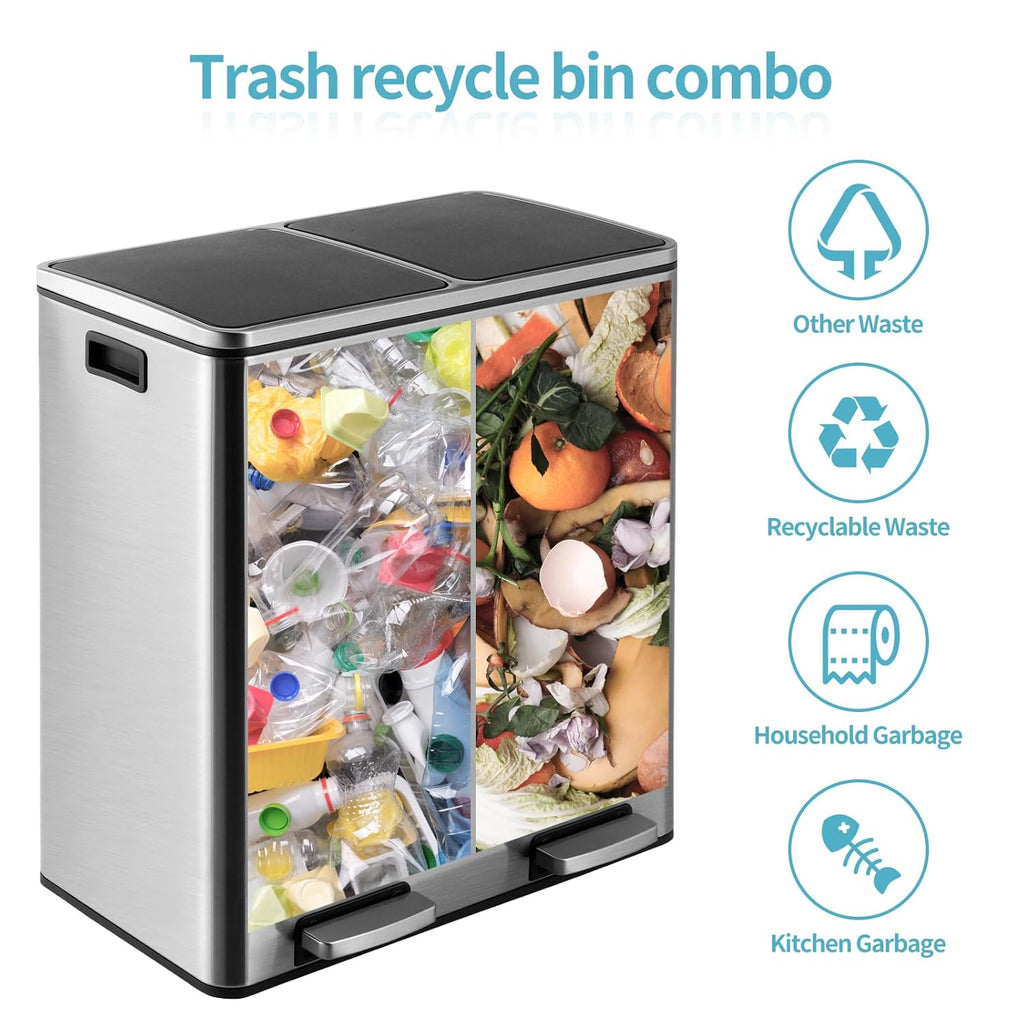 16 Gallon Rectangular Stainless Steel Trash Can, Dual Compartment Garbage Bin with Recycling Combo, Metal Dustbin Lid, Removable Liner, Indoor Hands Free Waste Bucket for Kitchen Home
