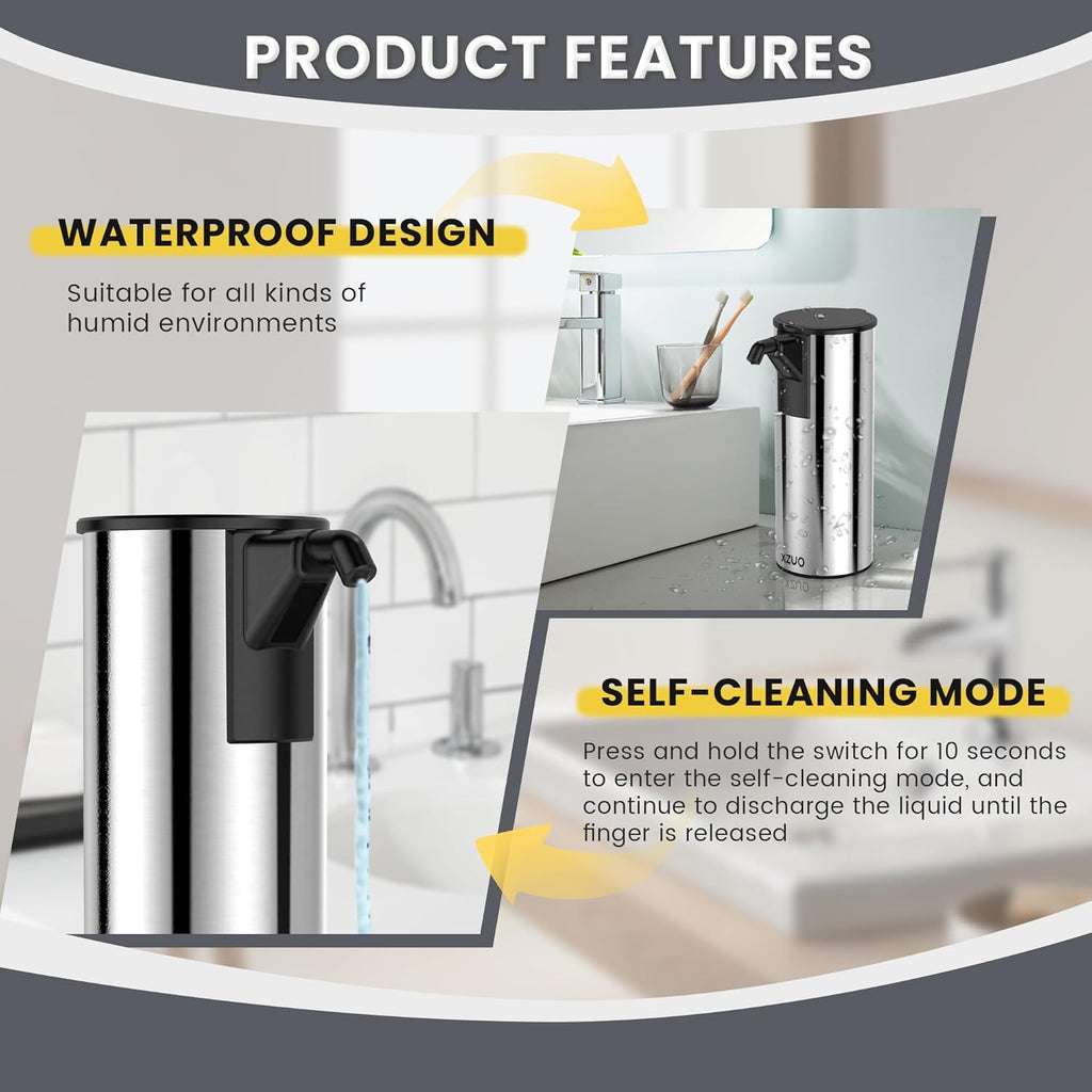 Automatic Soap Dispenser Touchless 11.8oz/350ml Four-Level Adjustable Dispenser Volume，Stainless Steel Material,Battery Powered for Wide Compatibility in Kitchen, Bathroom, Hotel & Office