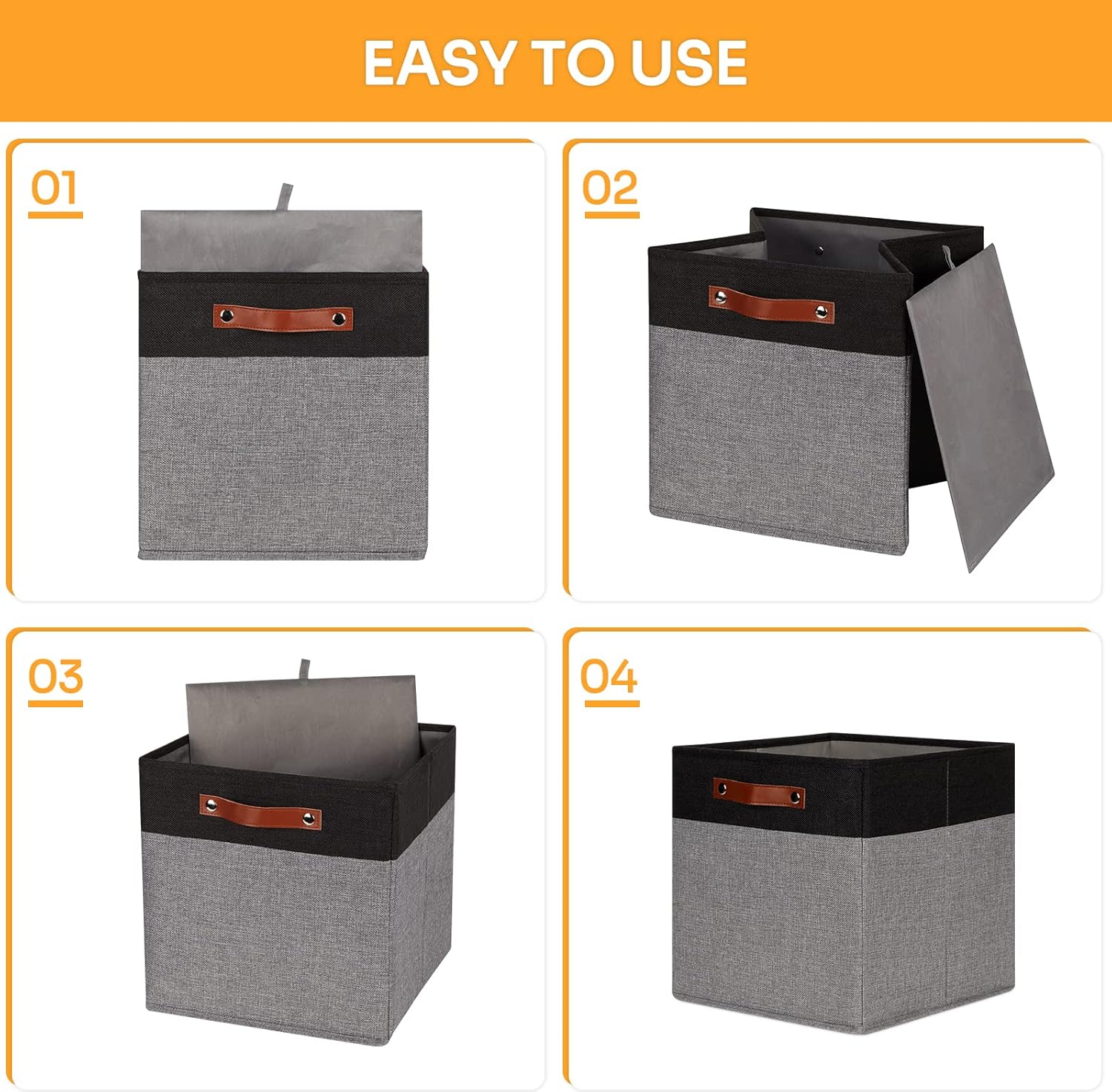 DULLEMELO 13x13 Storage Cubes, Collapsible Sturdy Cube Storage Bins With Handles for Organizing,Fabric Storage Cubes Baskets for Shelves Nursery Closet Home Organization and Storage (Black&Grey)