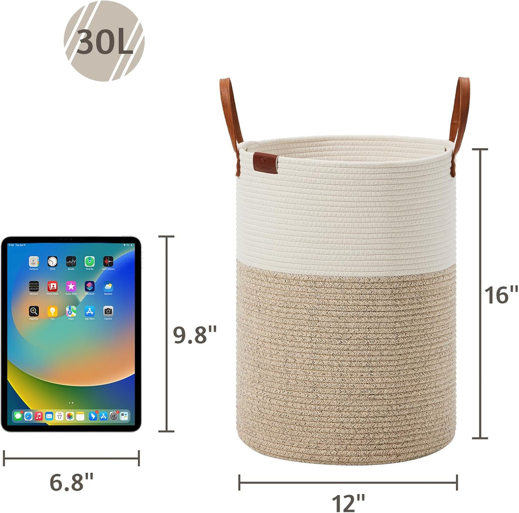VIPOSCO Small Laundry Basket, Slim Baby Hamper with Leather Handle, Cute Woven Rope Storage Basket for Blanket, Kids Toy, Clothes In Living Room, Bathroom, Bedroom, Nursery Room - 30L White & Brown