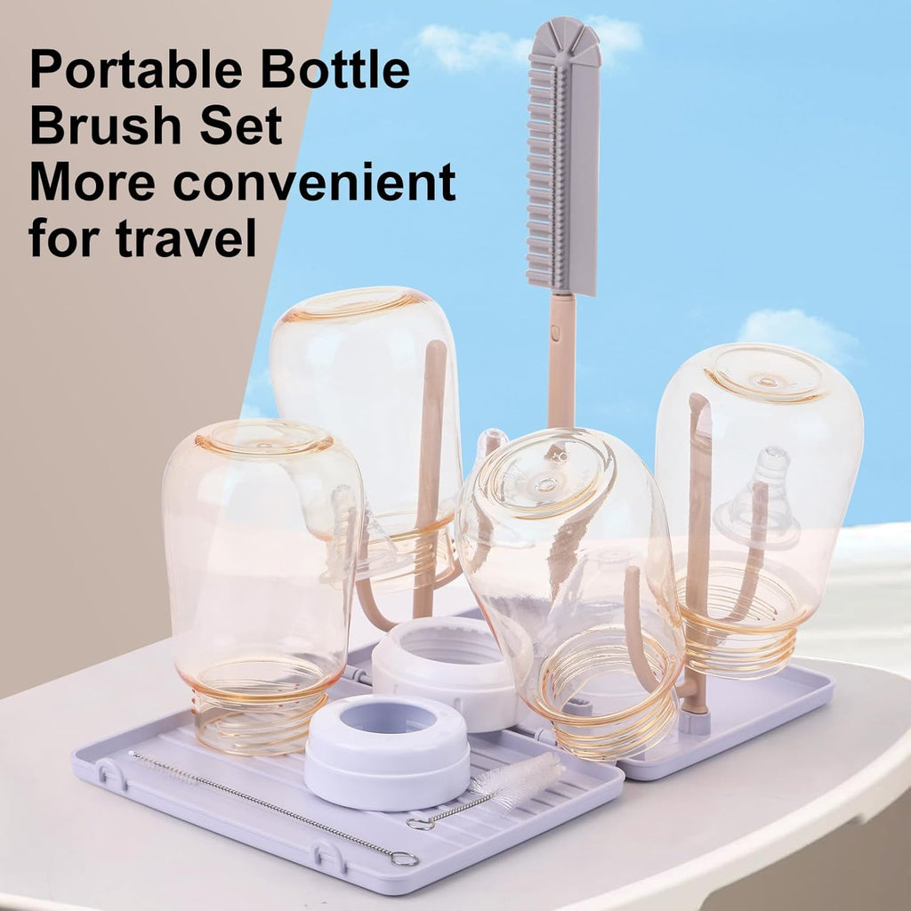Baby Bottle Drying Rack -Travel Baby Bottle Drying Rack Set, Cleaner Kit with Silicone Bottle Brush,Straw Brush, Suitable for Home use or Traveling with Babies, Camping(Gray) ﻿ ﻿