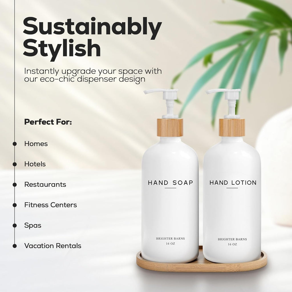 White Glass Soap and Lotion Dispenser Set with Tray by Brighter Barns - Hand Soap Dispenser Bathroom Set - Bamboo Bathroom Soap Dispenser Set - Minimalist Bathroom Accessories, Modern Home Decor
