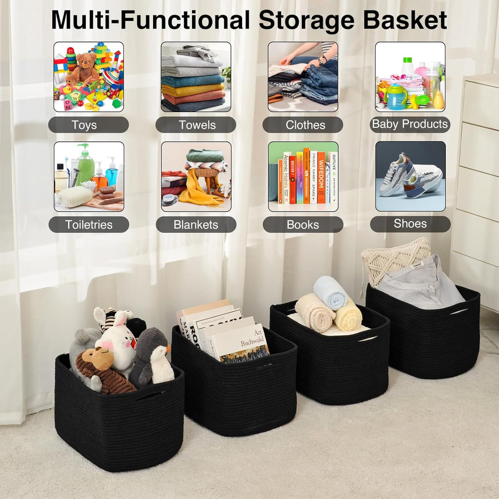 Storage Baskets for Organizing & Shelves, Woven Cotton Rope Organization Bins for Dog Toys, Clothes, Books, Nursery Organizer, 15" Lx11''Wx9.5''H, (4 Packs) Black