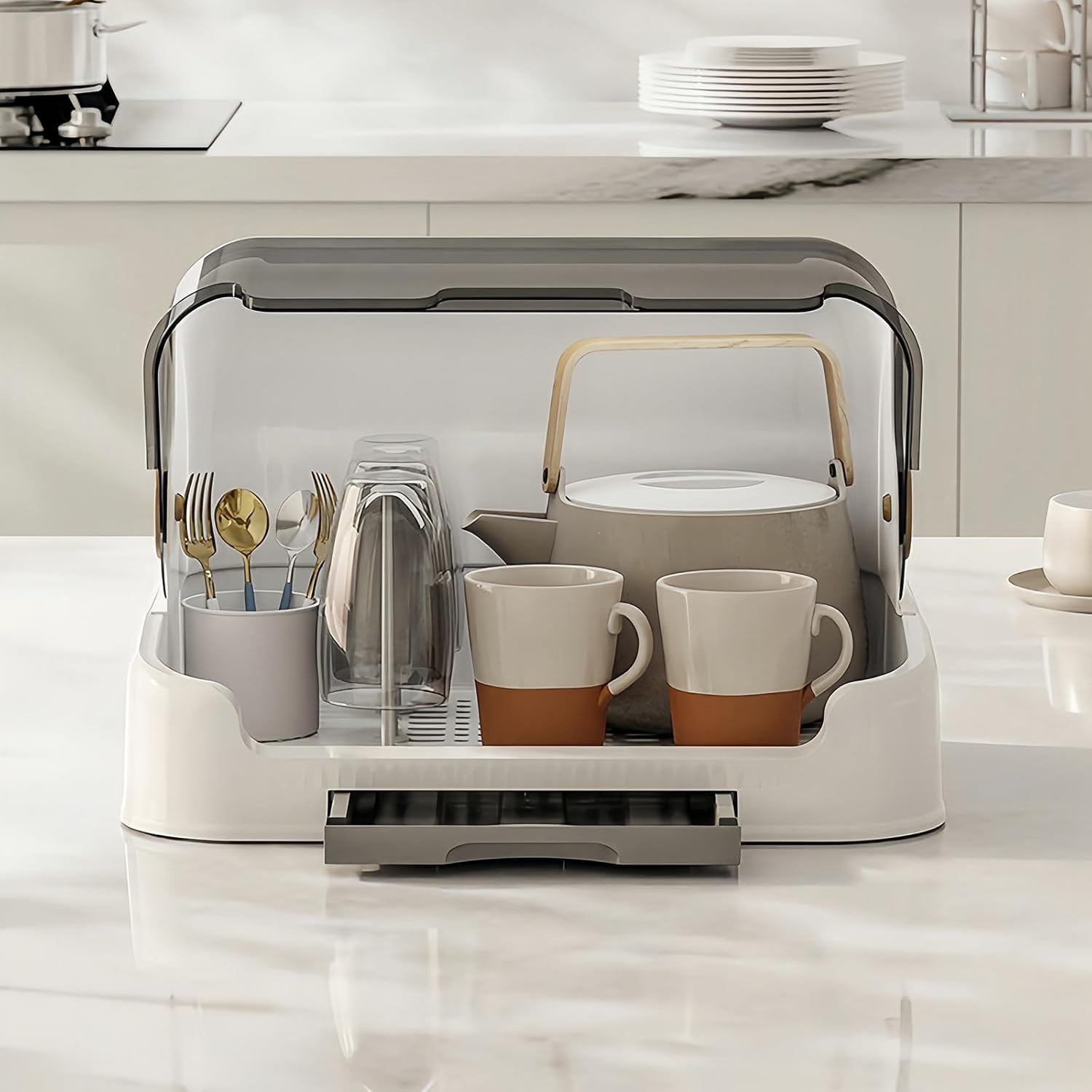 Baby Bottle Drying Rack Storage, Nursing Bottle Storage Box Organizer with Cover, Portable Kitchen Cabinet Organizer, Durable countertop Dryer (Grey)