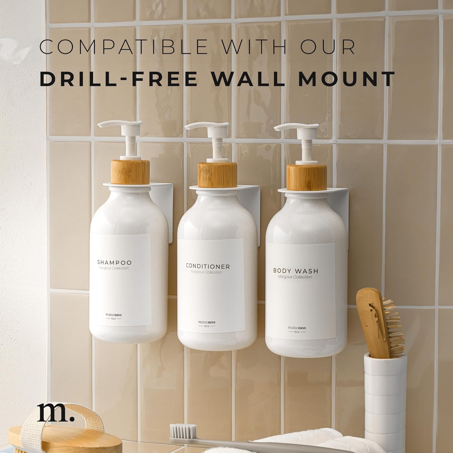 MaisoNovo Refillable Shampoo and Conditioner Bottles | 16.9 fl oz Set of 3 White Plastic Bottles White Bamboo Pumps