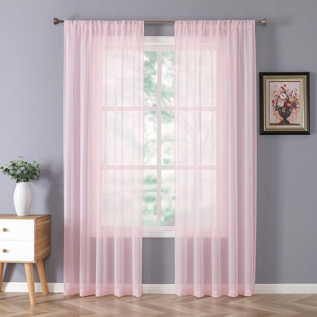 Tollpiz Sheer Curtain Linen Textured Bedroom Curtains Sheer Light Filtering Rod Pocket Voile Curtain for Living Room, 54 x 95 inches Long, Pink, Set of 2 Panels