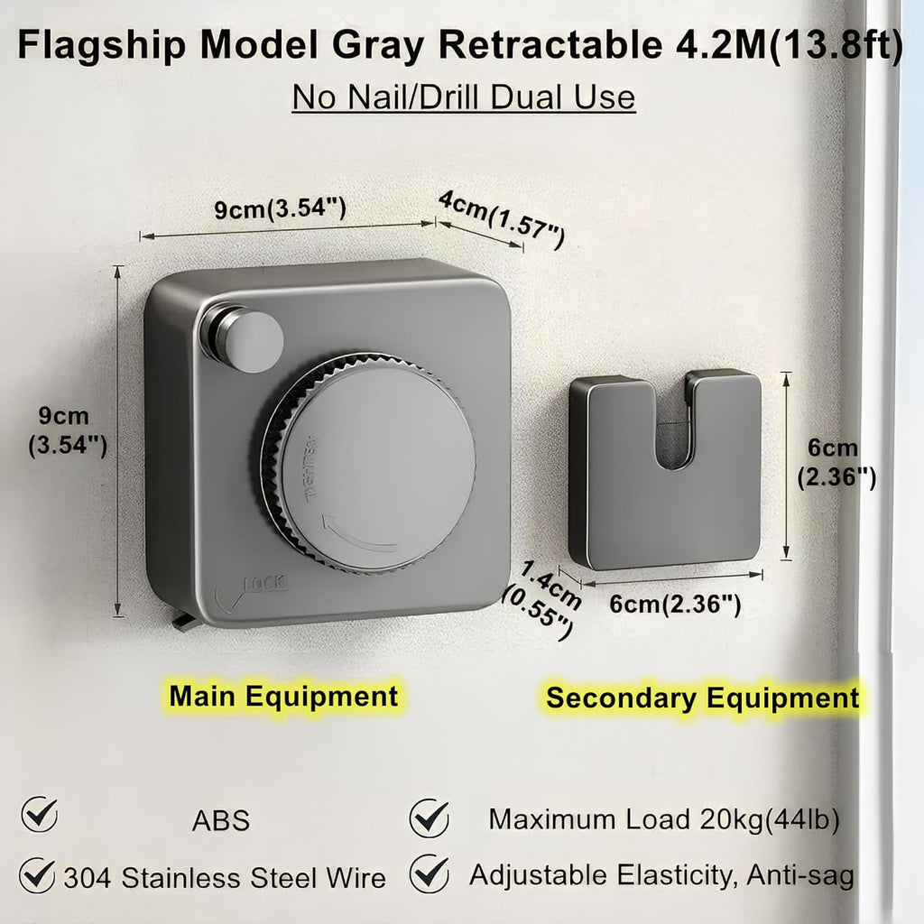 13.8ft(4.2M) Retractable Clothesline, Non-sag Clothesline, Indoor & Outdoor Heavy Duty Retractable Clothesline, Wall Mounted Stainless Steel Washing Line (Gray)