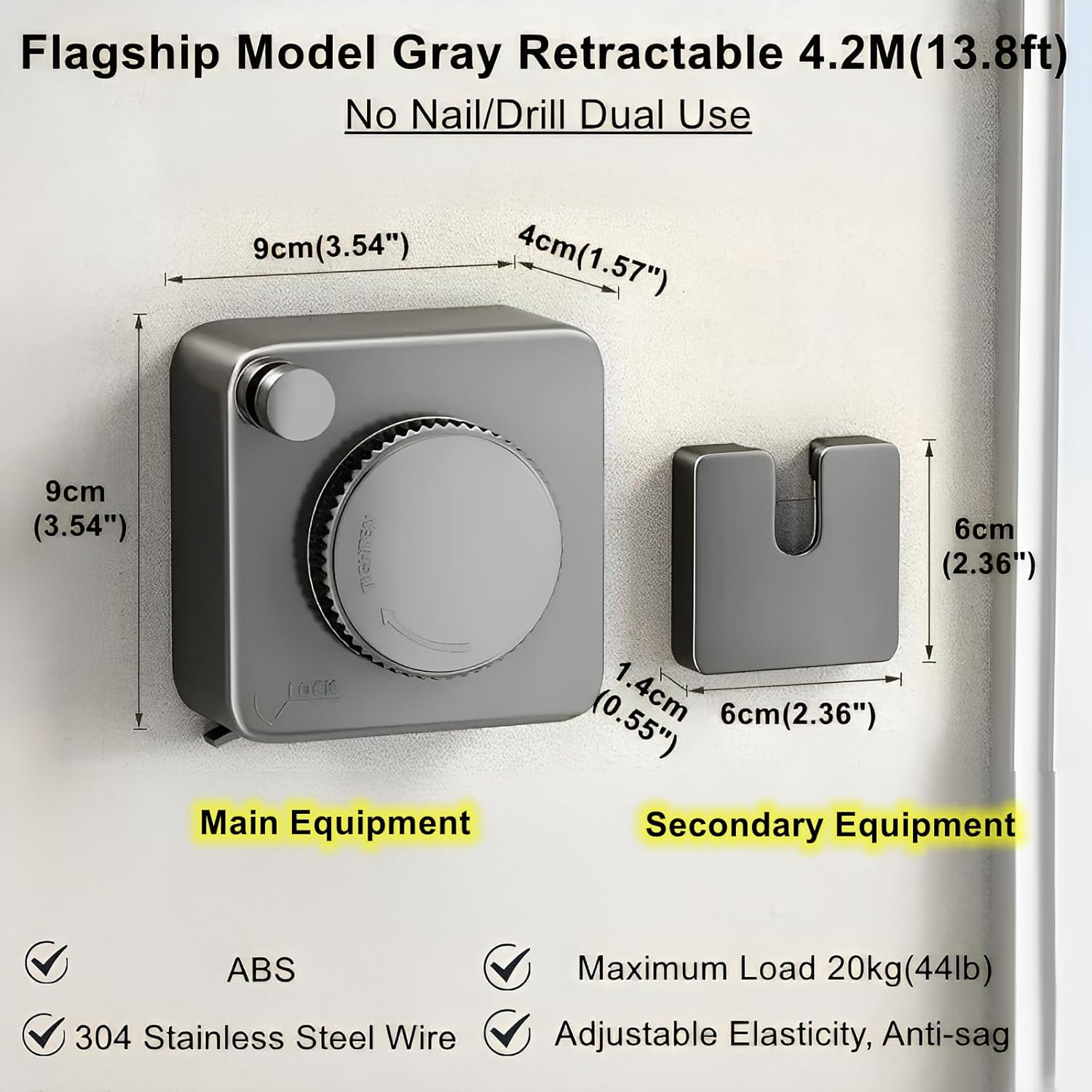 13.8ft(4.2M) Retractable Clothesline, Non-sag Clothesline, Indoor & Outdoor Heavy Duty Retractable Clothesline, Wall Mounted Stainless Steel Washing Line (Gray)