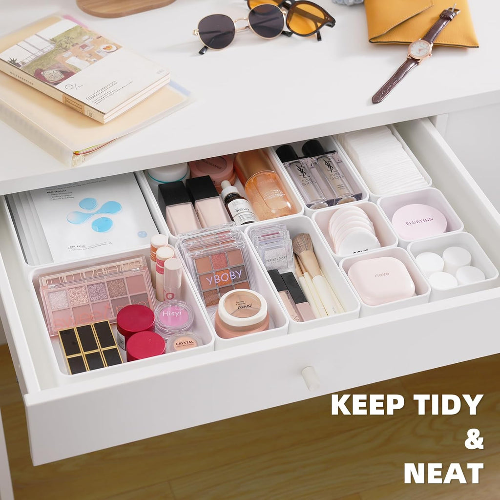 11-Piece Stackable Drawer Organizer Set, Multi-size Desk Drawer Organizer Trays Vanity Storage Bins for Storing Makeup, Stationery, Utensils in Bathroom Dresser, Office and Kitchen