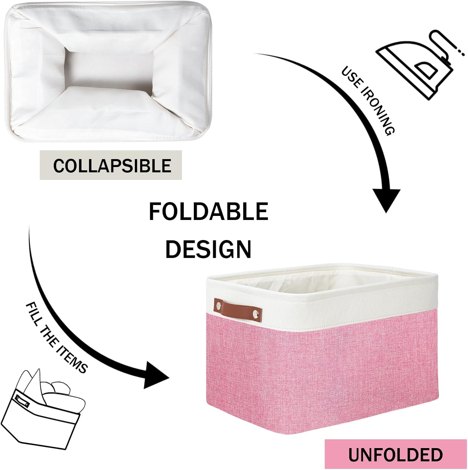 DULLEMELO Storage Baskets for Organizing, Shelves,Bedroom, Decorative Storage Bins with Faux Leather Handles, Fabric Storage Basket for Office, Toys(3-Pack, White&Pink)