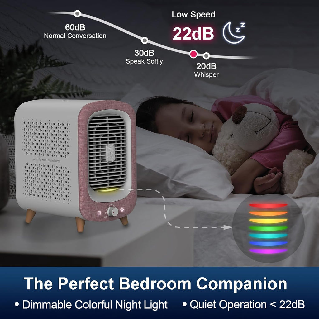 Jafanda Air Purifier for Home Bedroom 780sq ft, HEPA & Activated Carbon, Air Cleaner with Fragrance Sponge & Nightlight for Smoke, Allergies, Dust, Odor, VOC, Pet Dander, Pollen, Office, Desktop, Pink