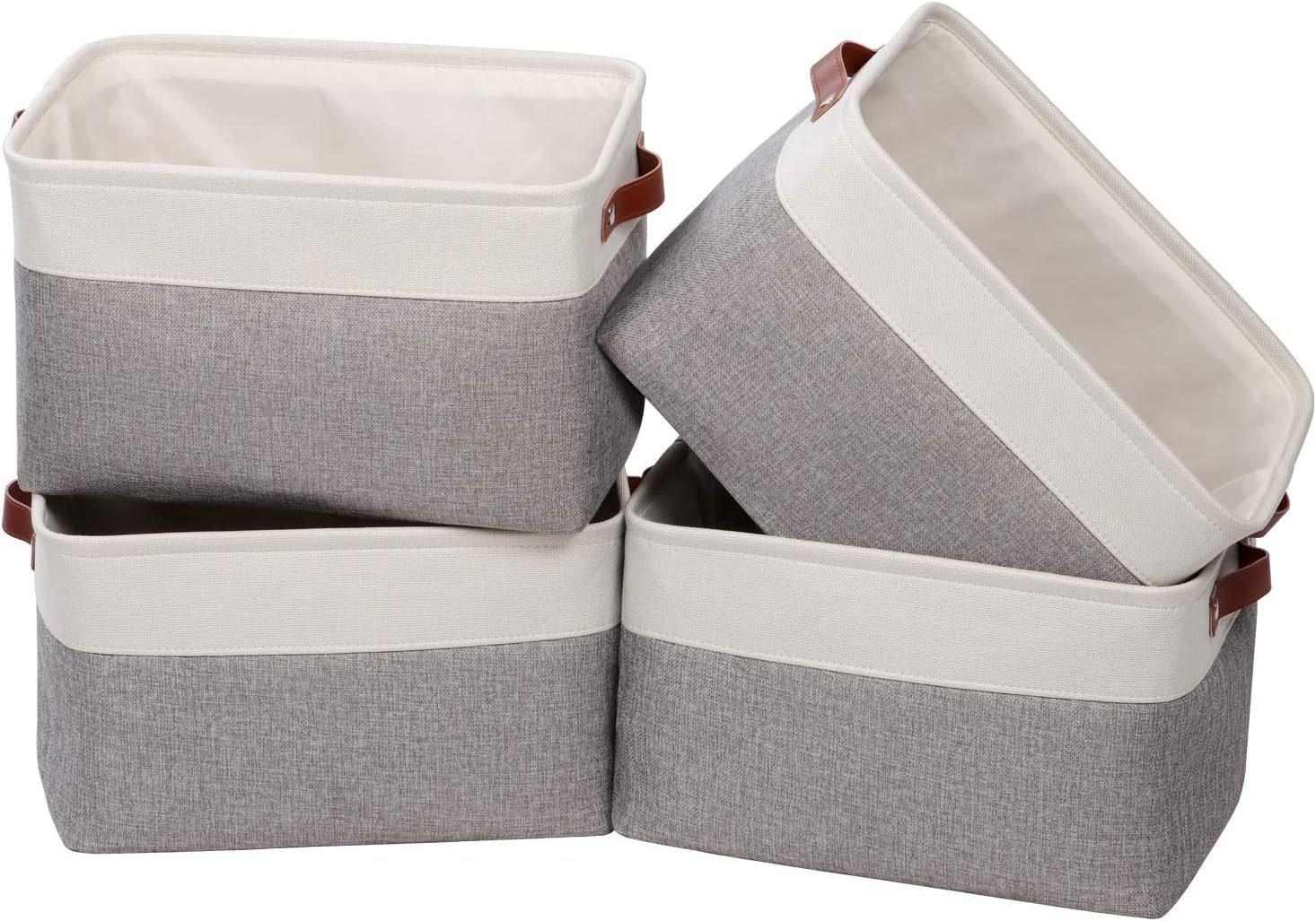 Univivi 15 inch Large Storage Baskets 4PC Gray Hard Bottom Foldable Storage Bins with PU Handles for Shelf Rectangle Fabric Baskets for Organizing (15”X10.5”X9.5”)