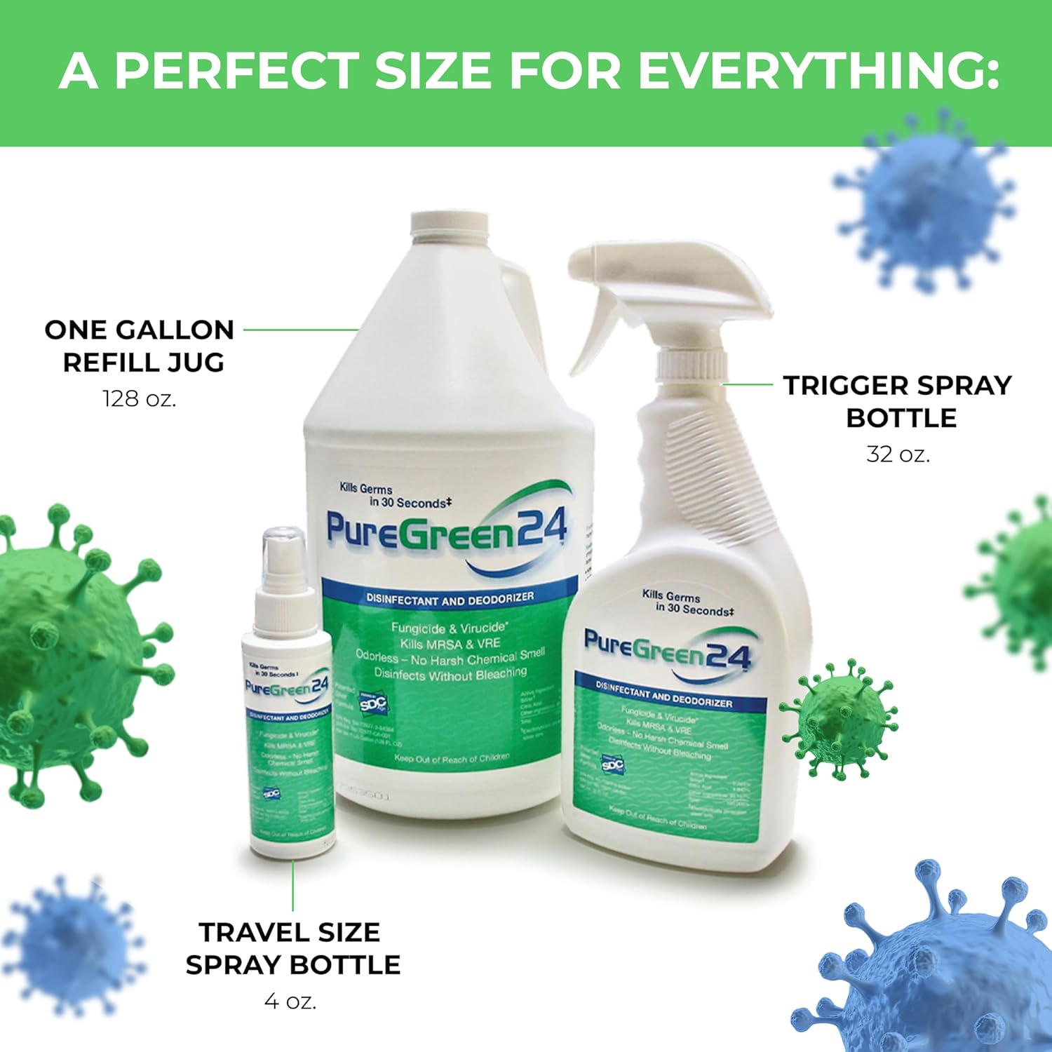 PureGreen24 Safe & Effective Disinfectant. Kills Deadly Germs including RSV COVID-19 Norovirus MRSA Staph 2025 flu Bird flu Contains no toxic chemicals odorless child & pet safe 1 32oz