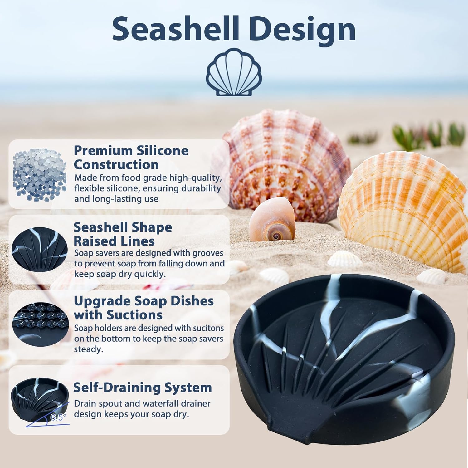 Self Draining Soap Dish, Silicone Suction Cup Soap Holder Tray Savers Container Sponge Holder for Bar Bathroom Shower Kitchen Sink, Can Extend Soap Life (1, Marble)