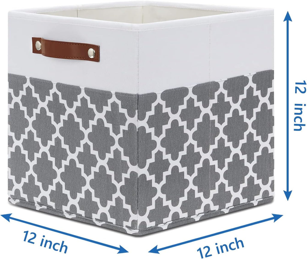 Temary 12x12x12 Fabric Storage Bins 4 Pack with Leather Handle, Foldable Cubes Storage Box Baskets for Closet, Shelf (White&Lattice)