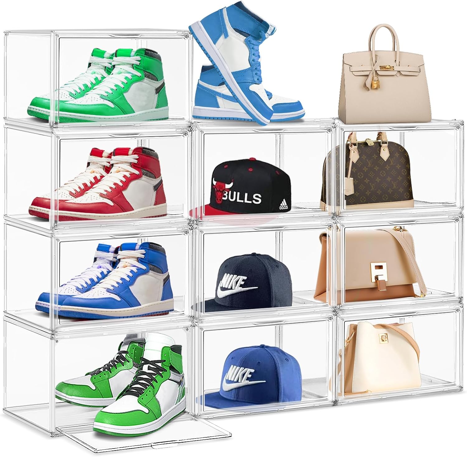 10 Pack Acrylic Shoe Storage Box Clear Plastic Stackable Acrylic Display Case with Magnetic Door Sneaker Storage for Sneakerheads Large Hat Shoe Boxes, Fit up to US Size 13