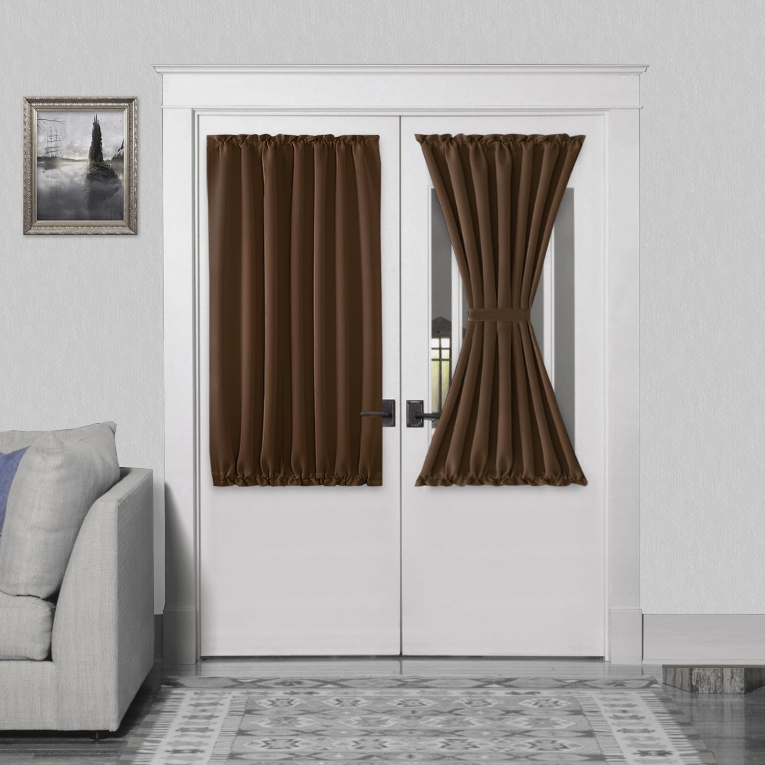 DWCN French Door Curtains – Rod Pocket Thermal Blackout Curtain for Doors with Glass Window, Kitchen and Patio Doors for Privacy, 54 X 40 Inch Length, 1 Curtain Panel with Tieback, Brown