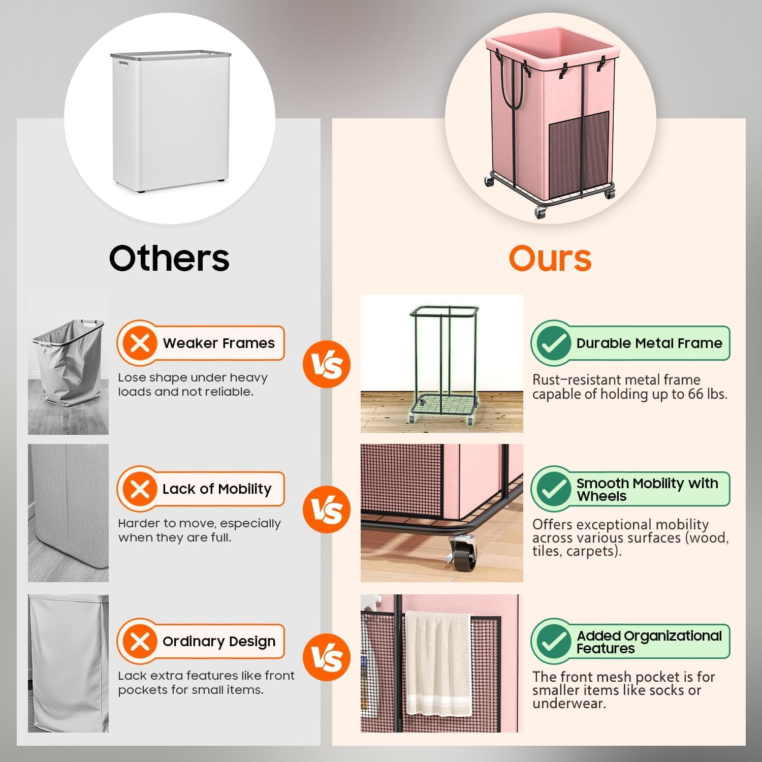 150L Laundry Hamper with Wheels, Rolling Laundry Basket with Metal Frame and Removable Bag, Large & Tall Dirty Clothes Hampers for Bedroom Aesthetic, Laundry Room, Bathroom, Dorm-Pink