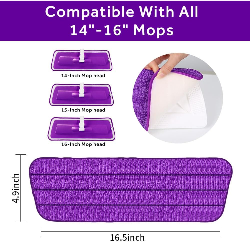 16.5 inch Mop Pads Refills, 3 Pack Microfiber Reusable Replacement Mop Pads Flat Replacements Heads for Wet Or Dry Floor Cleaning and Scrubbing, Purple Cloth