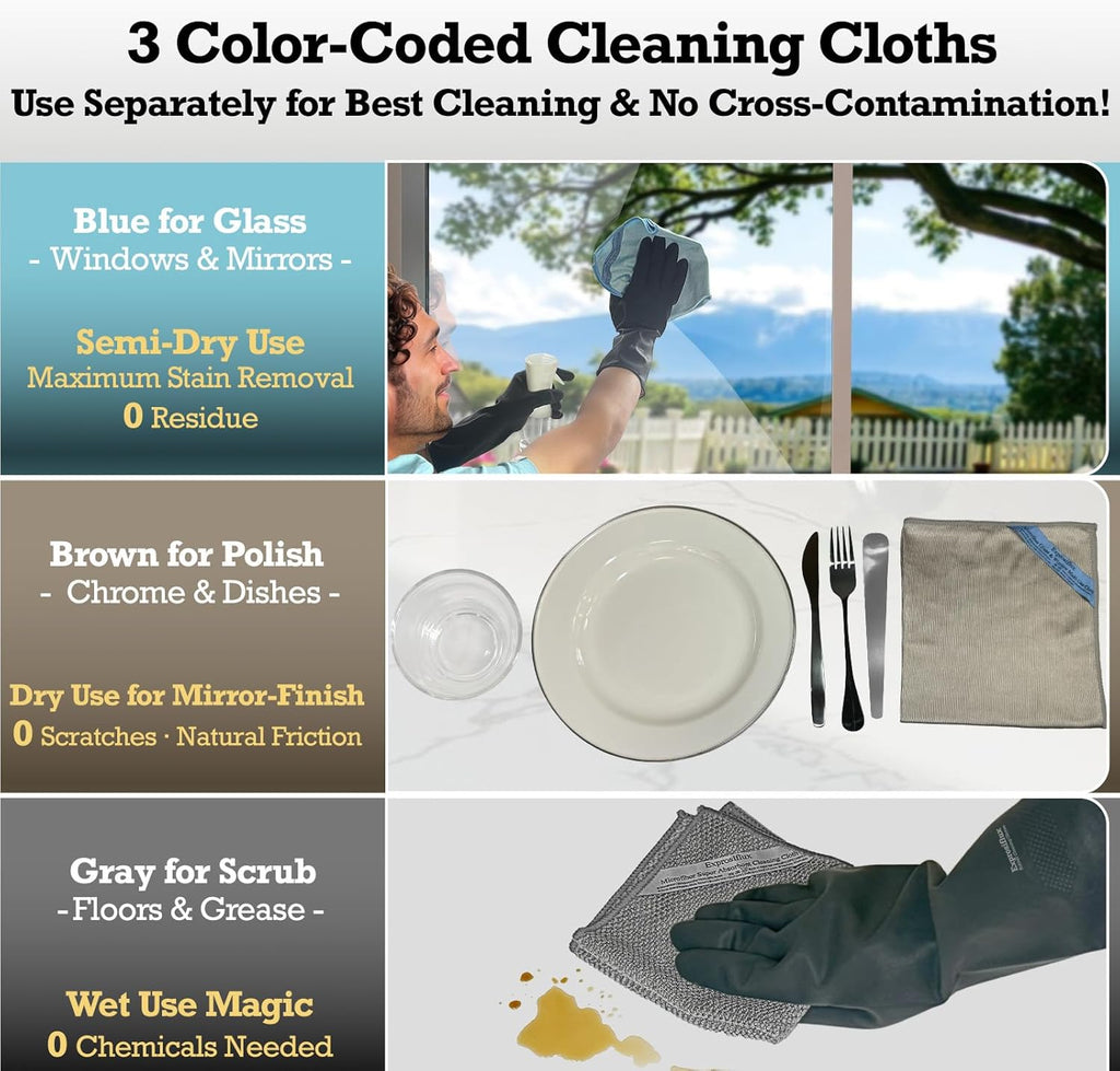 2-Step Glass Cleaning Cloth 3-Pack - Lint-Free Microfiber Towels Polish & Scrub Kit - Water Only Streak-Free for Windows, Cars, Mirrors - Blue, Brown, Gray