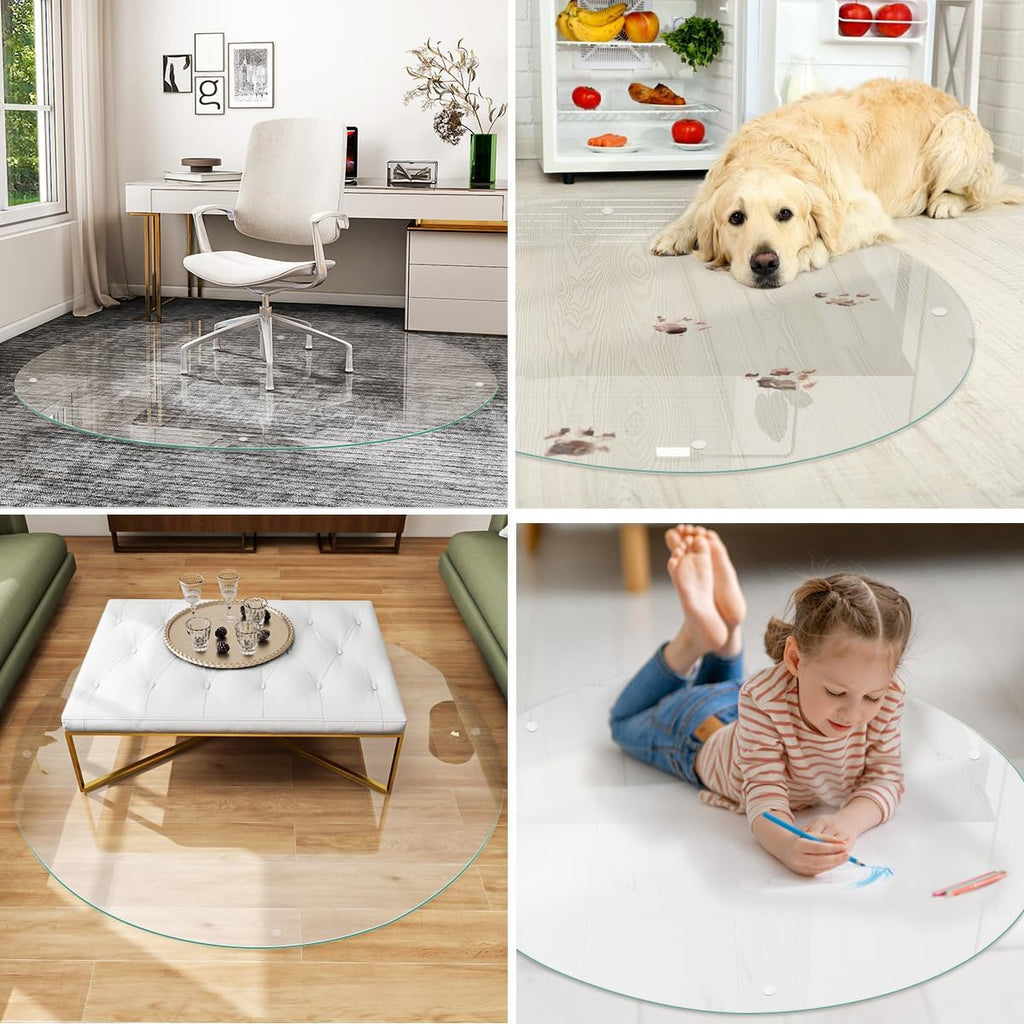 [Tempered Glass] 55" x 55" Round Glass Chair Mat, Heavy Duty Hard Floor Mat with Round Corner and Polished Edge, Office Chair Mat for Carpet Office Home Hardwood Floor Desk