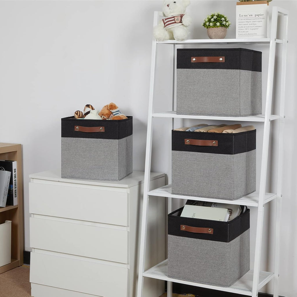 Temary Fabric Cube Storage Bins 12 Inch Decorative Storage Cubes Baskets 4 Pack Foldable Cube Storage Bins for Closet, Shelves (Black&Grey)