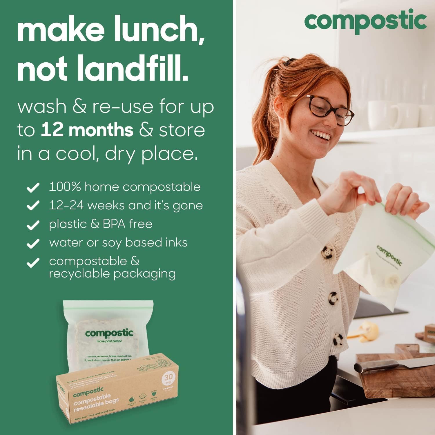 Compostic Home Compostable Resealable Snack Bags (6"x 3.5"), Microwave & Freezer Safe, Organic Food Storage Container, 100 Count