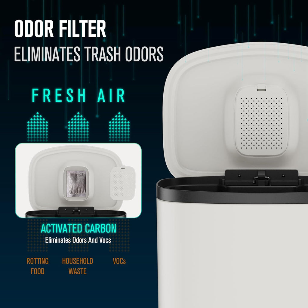 13 Gallon Stainless Steel Foot Pedal Large Trash Can with Soft Close Quiet Curved Surface Top Lid and Deodorant Storage Space, with 30 Garbage Bags for Kitchen/Home/Office Trash can and More - White