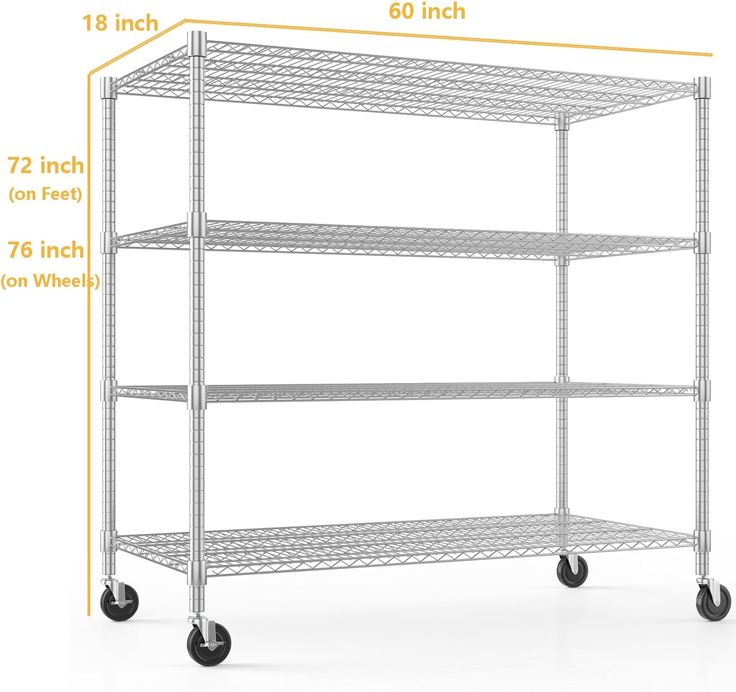 Himimi Storage Shelves with Wheels, 4-Tier Heavy Duty Steel Wire Rack Storage Shelving, Adjustable Metal Storage Shelves for Garage Kitchen Pantry Bathroom Laundry 18" D*60" W*72" H, Silver