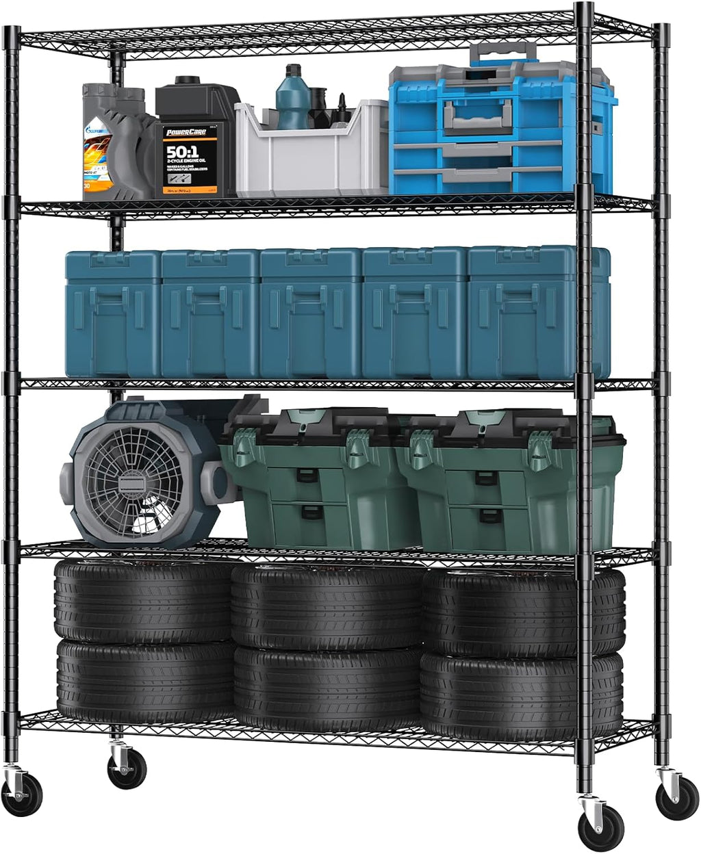 Himimi 82" H Storage Shelves 5 Tier Metal Shelving Adjustable Wire Shelf with Wheels, Heavy Duty Shelving for Garage Kitchen Pantry Bathroom Laundry,18" D*48" W*82" H, Black