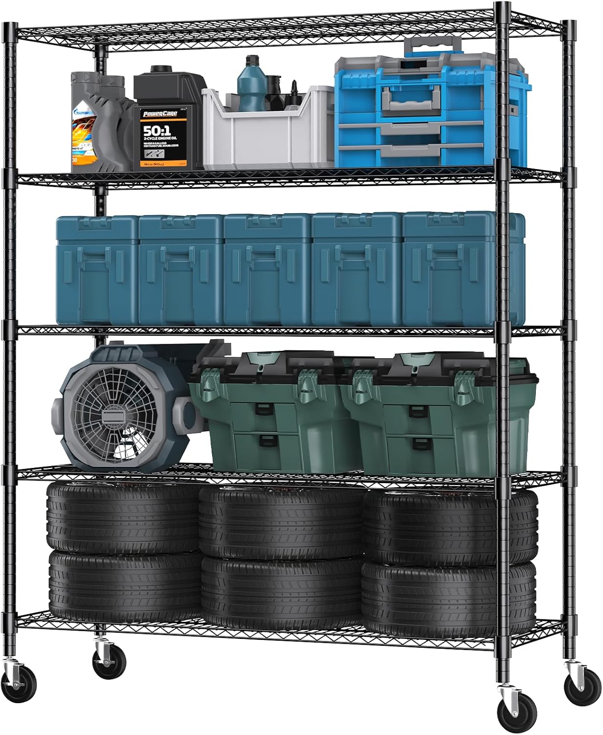 Himimi 82" H Storage Shelves 5 Tier Metal Shelving Adjustable Wire Shelf with Wheels, Heavy Duty Shelving for Garage Kitchen Pantry Bathroom Laundry,18" D*48" W*82" H, Black