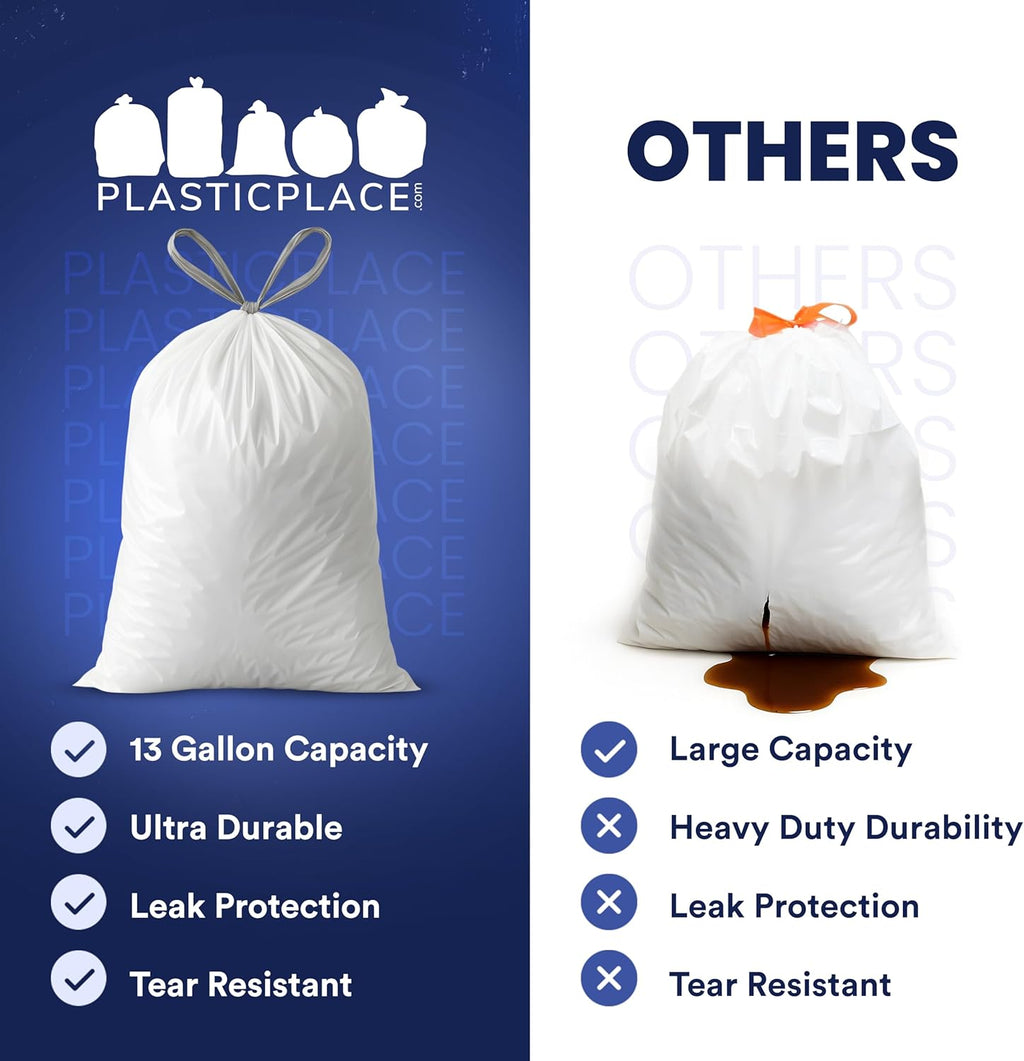 Plasticplace 13 Gallon Trash Bags â”‚ 1.2 Mil â”‚ White Drawstring Garbage Can Liners â”‚ 24" x 31", 200 Count (Pack of 1)