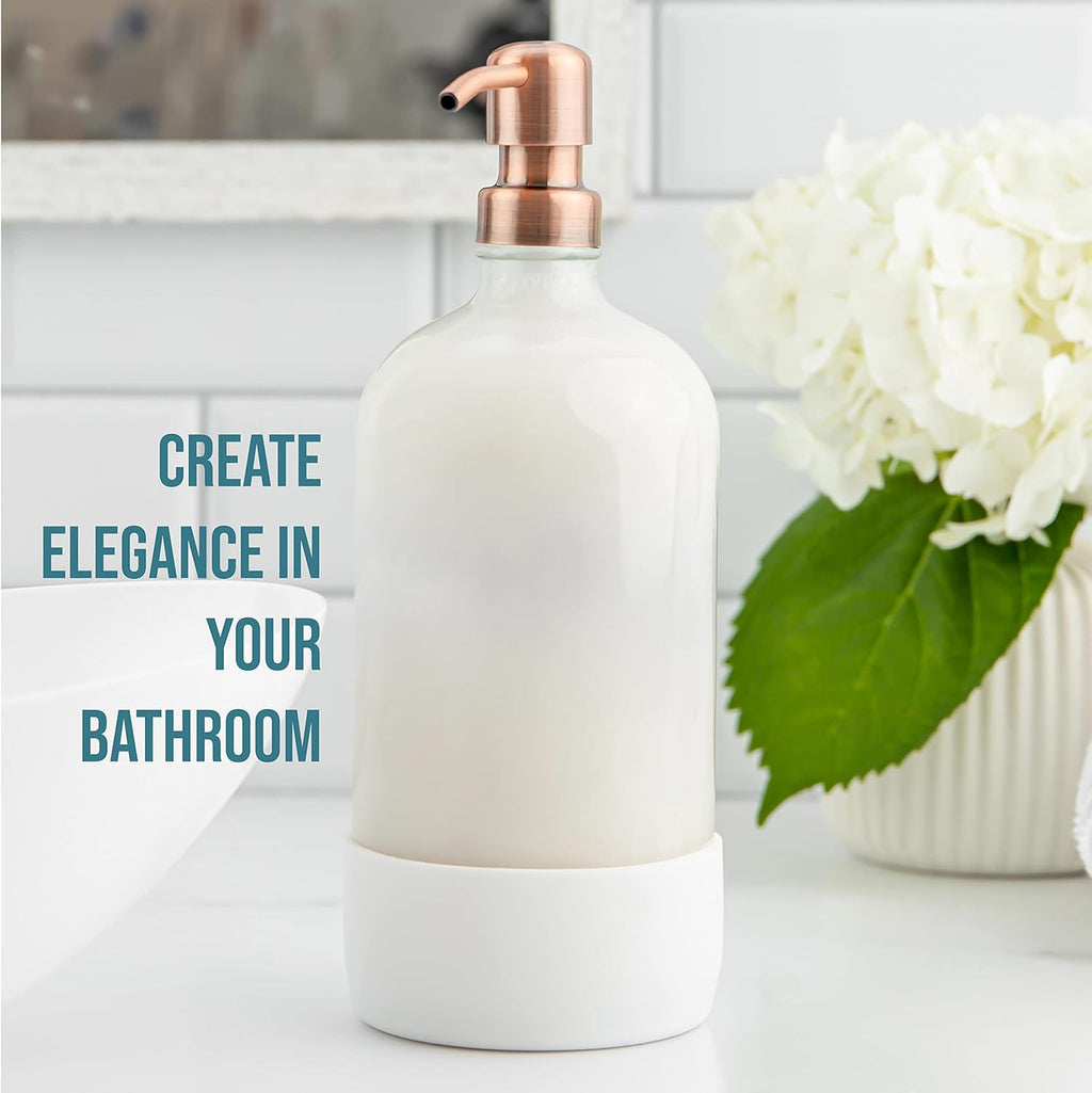 32 oz Glass Pump Bottle Rustproof Stainless Steel Pump, Funnel, and Lids. Modern Farmhouse Vintage Jar, Large Glass Shampoo Bottles with Pump and Laundry Soap Dispenser - Rose Gold