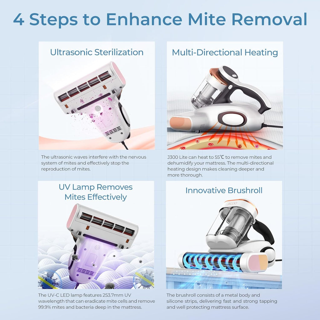 JIGOO J300 Lite Mattress Vacuum Cleaner，Bed Vacuum Cleaner with Dust Sensor with 253.7nm UV-C Light，Ultrasonic and High Heating Multifunctional Handheld Vacuums for Bed, Sofa, Couch （Corded）