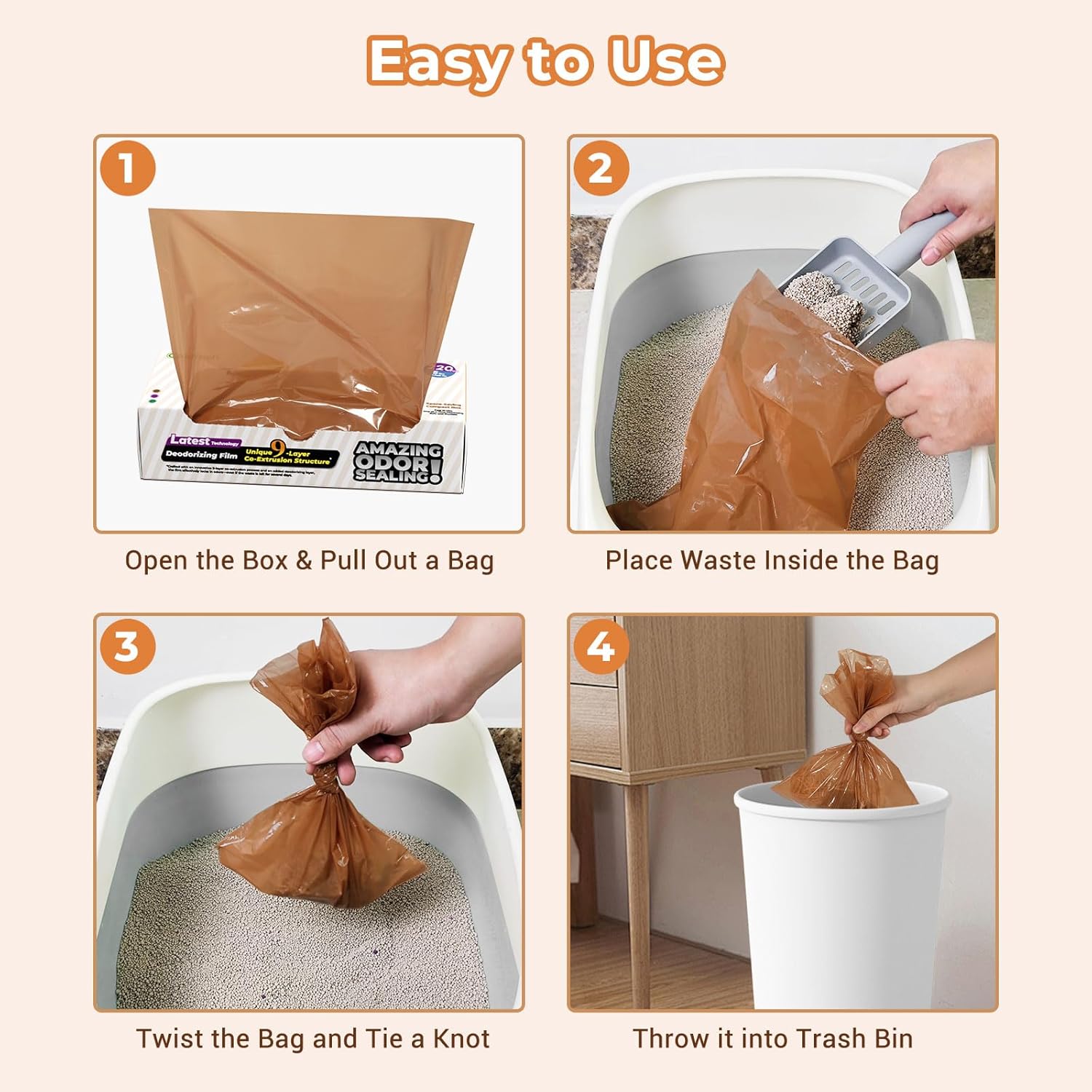 Odor Sealing Small Trash Bags Home & Food Use L-90 Count Disposable Bags, Durable and Unscented (Color:Brown)