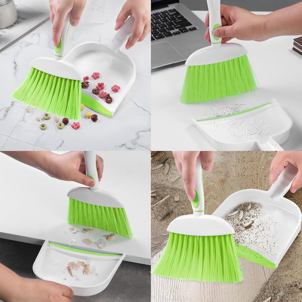 NACENA Small Dust Pan and Brush Set, Mini Broom and Dustpan Set Small Hand Broom and Brush Combo Dust Pan with Teeth for Home Cleaning Drawers Desktop Sofas Pet Care and Outdoor, Green