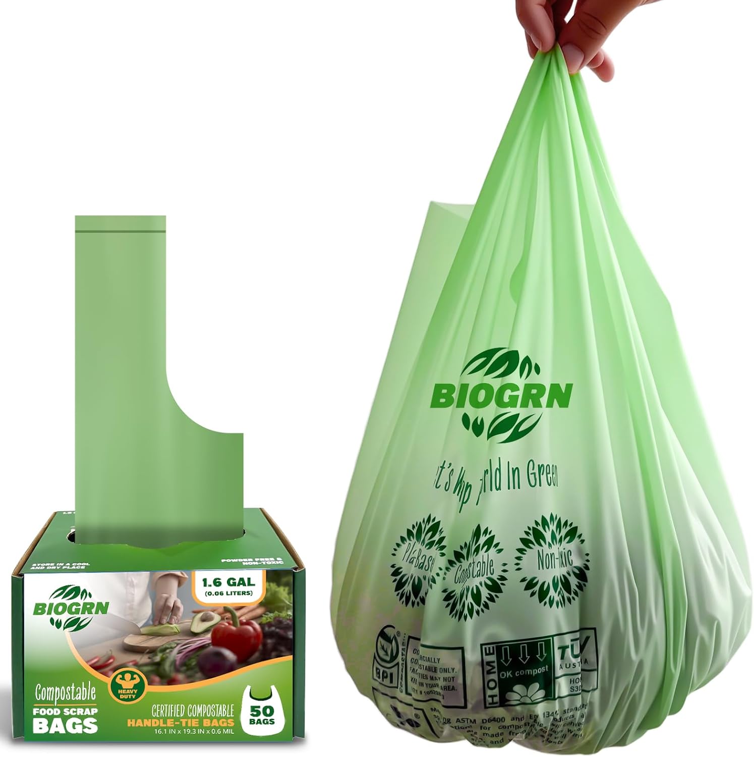 Compostable Trash Bags 1.2-1.6 Gallon Handle Tie 50 Count 0.6 Mil 6.06 Liter Small Compost Bags for Countertop Bin Biodegradable Bags Green for Kitchen ASTM D6400 & BPI Certified, OK Compost Home