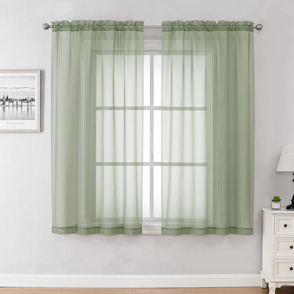 Chyhomenyc Sage Green Sheer Curtains 45 Inch Long 2 Panels, Short Voile Rod Pocket Drapes for Dinning Small Windows Bathroom Living Room Bedroom, 42Wx45L Inches
